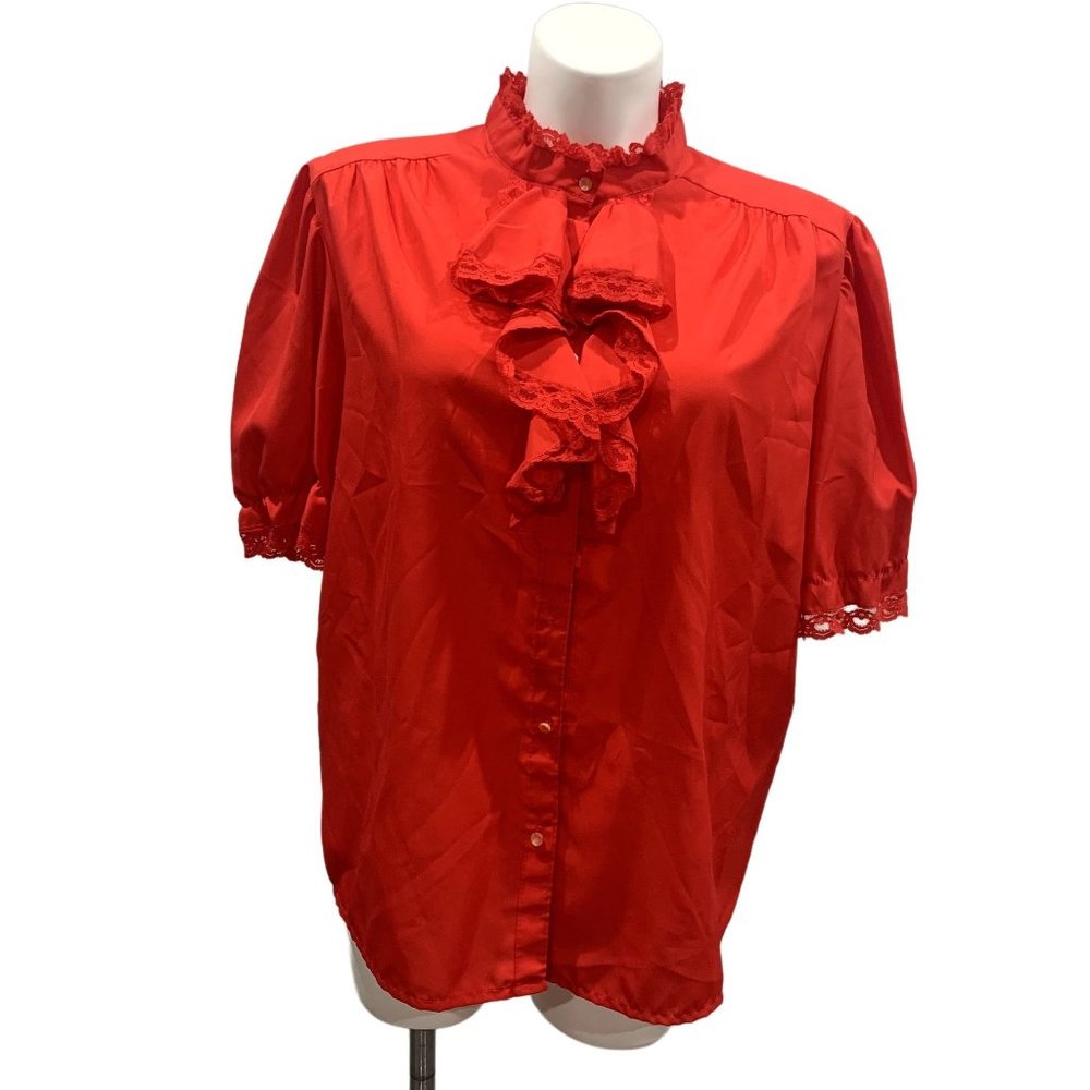 Vintage Rio Too Red Laced Ruffled  High Neck And Sleeves Button Down No Size Tag